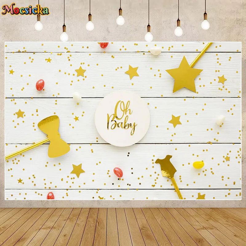 

Mocsicka Baby Shower Background Gold Stars and Dots Newborn Welcome Party Decor White Wooden Backdrop Oh Baby Banner Table Cloth