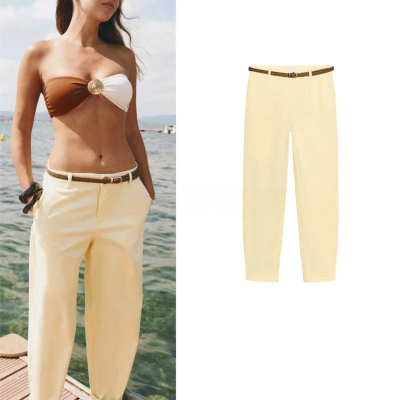 

Новые осенние женские повседневные длинные брюки с тканым поясом и манжетами по краю, комплект из двух предметов с высокой талией, длинный свеч с высоким воротником