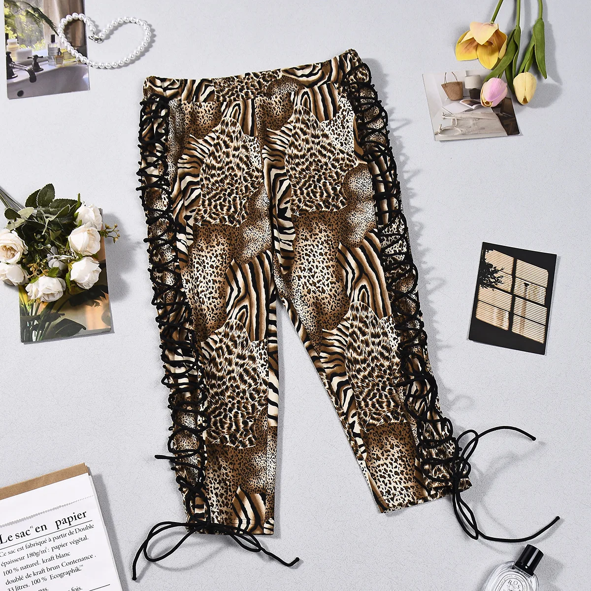 High Elastic Leopard Print Strap Casual Five-point Pants for Women