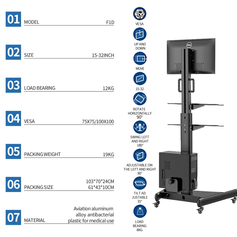 Airow Clinic Office Beauty Salon School Mobile Workstation Adjustable Monitor Mount Keyboard Tray Aluminium Construction