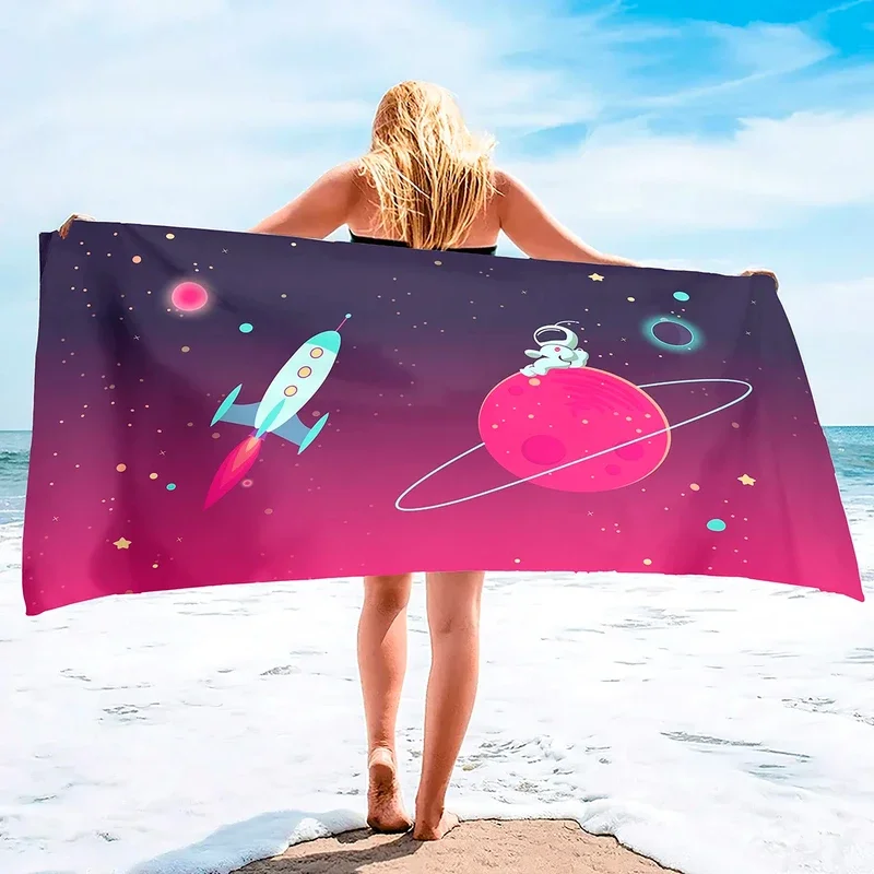 Cartoon Beach Towel Rocket Ship Astronaut Bath Towel Microfiber Quick Dry Towels For Swimming Pool Travel Spa Sport Gym Gifts