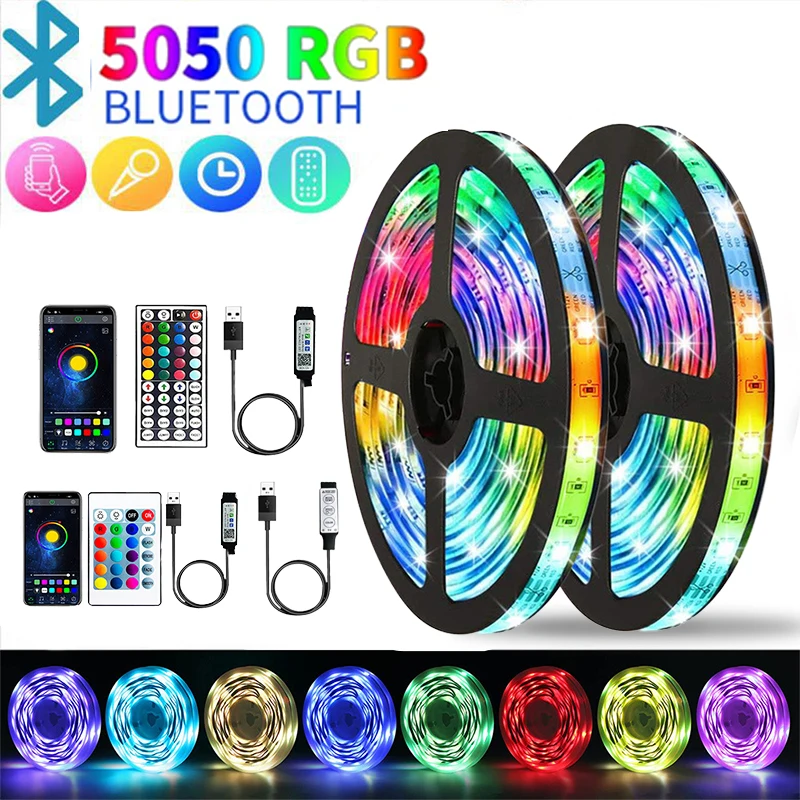 

Светодиодная лента с управлением через Bluetooth 5050 RGB Светодиодные фонари Гибкая лента Luces Led 1M-20M 5V USB Подсветка телевизора Украшение комнаты