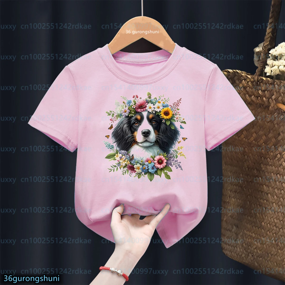 

A Cute Poodle And Beautiful Colorful Flower Animal Print Girls T-Shirt Fashiona Kawaii Girls Clothes Pink Top Cute Kdis Tshirt