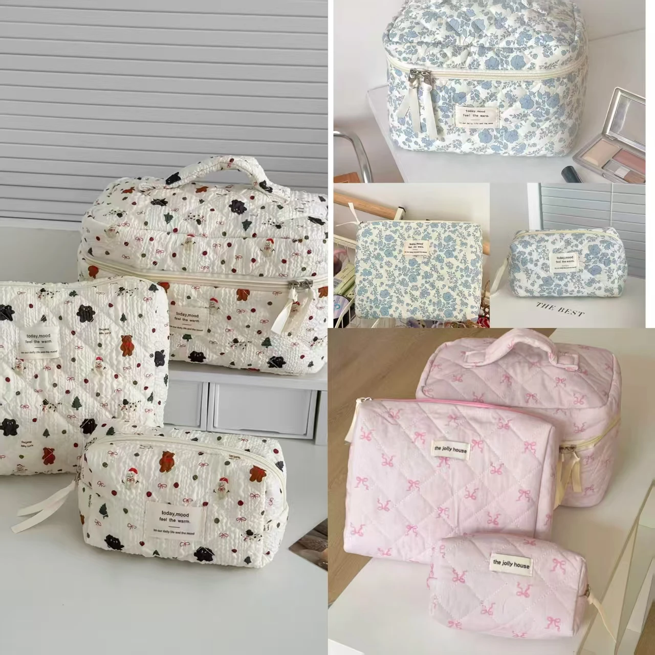 YT Octagonal Quilted Bag Snowman Begonia Flower Ribbon Bow Makeup Bag Student High-Value Sweet Style Toiletry Bag Makeup Organiz