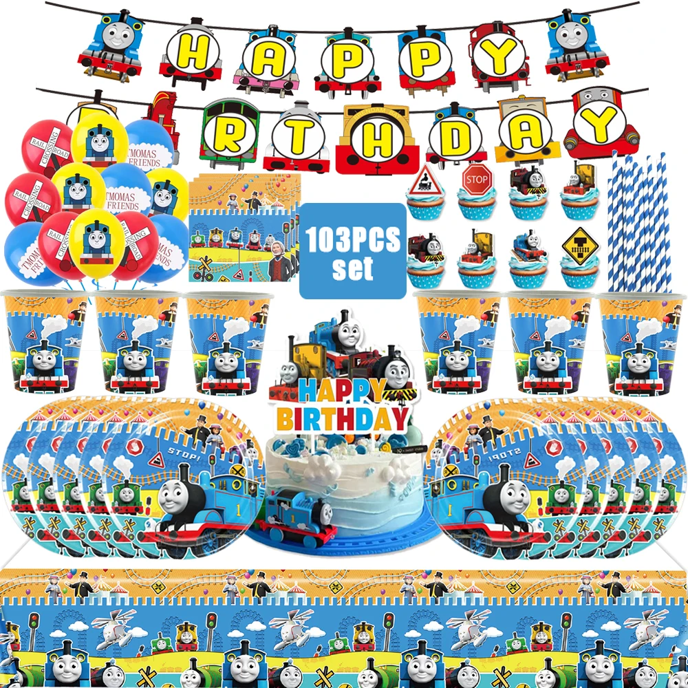 Thomas The Train Birthday Party Decor Disposable Tableware Balloons Cake Topper Cup Plate Sticker Kid Toy Gift Party Supplie Set