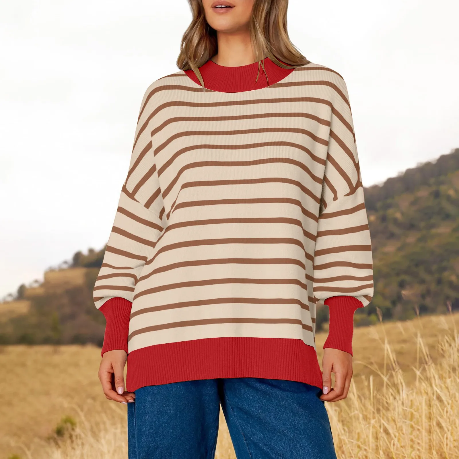 Striped Sweatshirts Women Causal Long Sleeve Mock Neck Pullover Contrast Color Soft Baggy Hooded Fall Drop Shoulder Blouses Tops