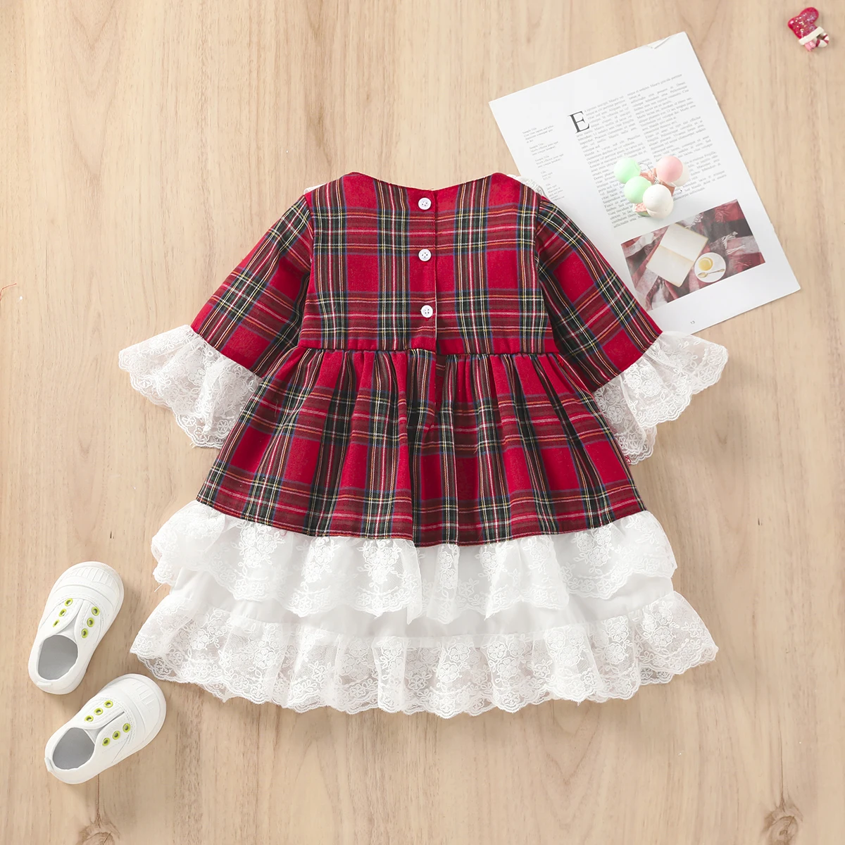 1-7Y Kids Baby Girls Christmas Red Dress Toddler Children Plaid Print Bow Lace Tutu Party Dresses New Year Xmas Costumes