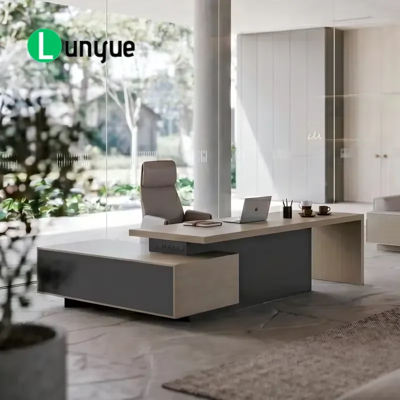 Modern L-Shaped Wooden Executive Desk with Side Cabinets Waterproof Easy Assembly Cable Management for CEO Manager Office