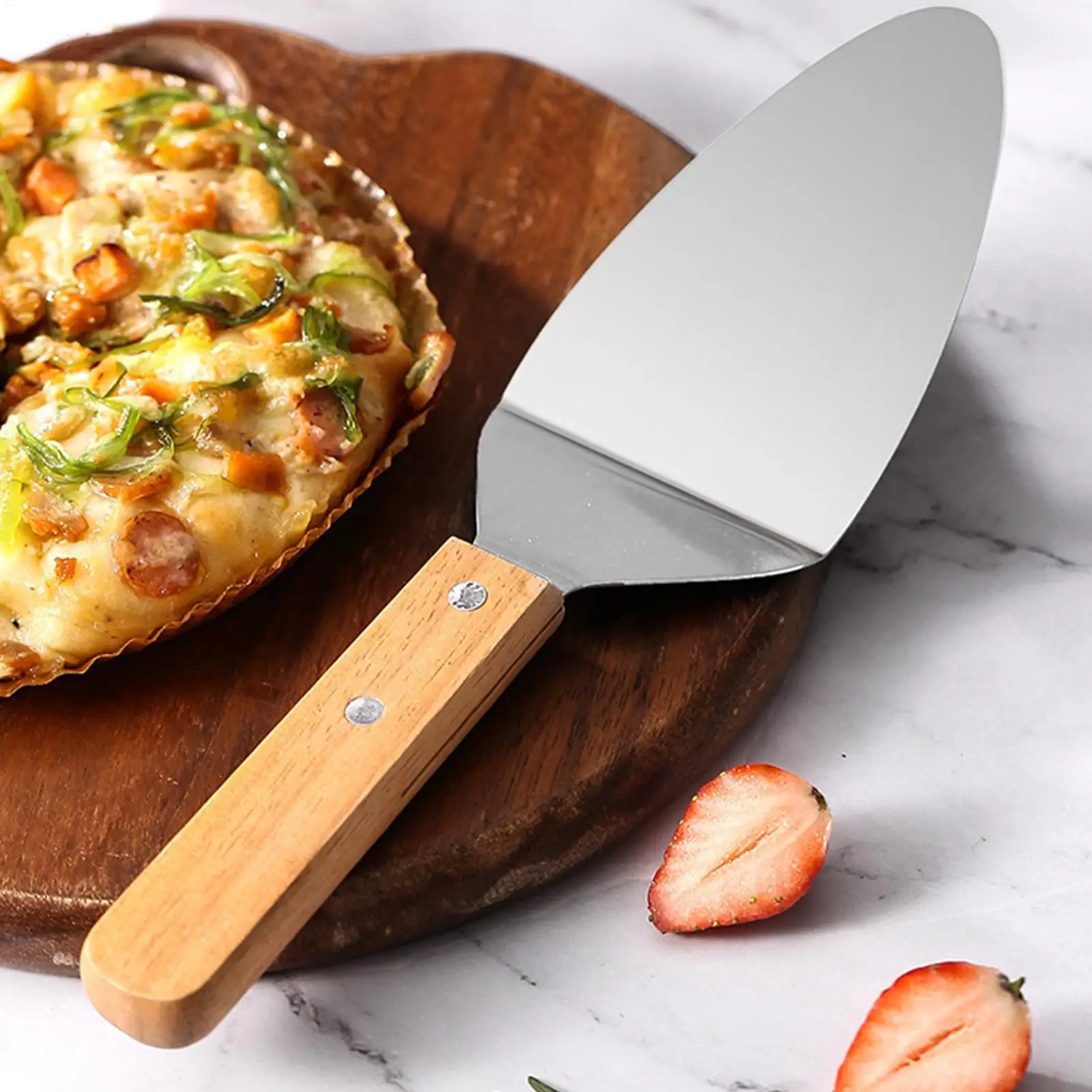 Pizza Server Stainless Steel Triangular Spade with Wooden Handle Cake Serving Utensils Pie Spatula Cutter for Dessert