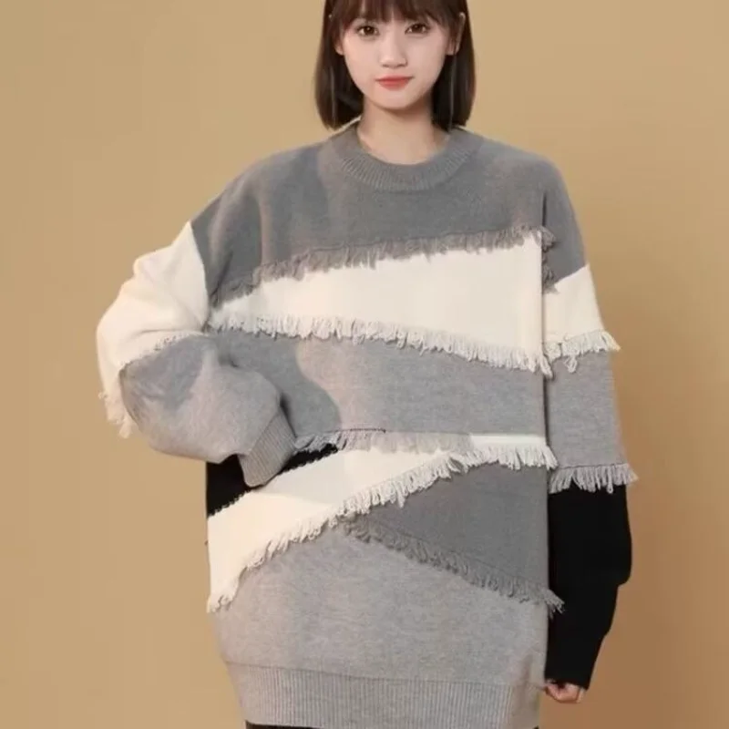 

Женский свитер с кисточками, осенне-зимний свитер с цветными блоками, топ