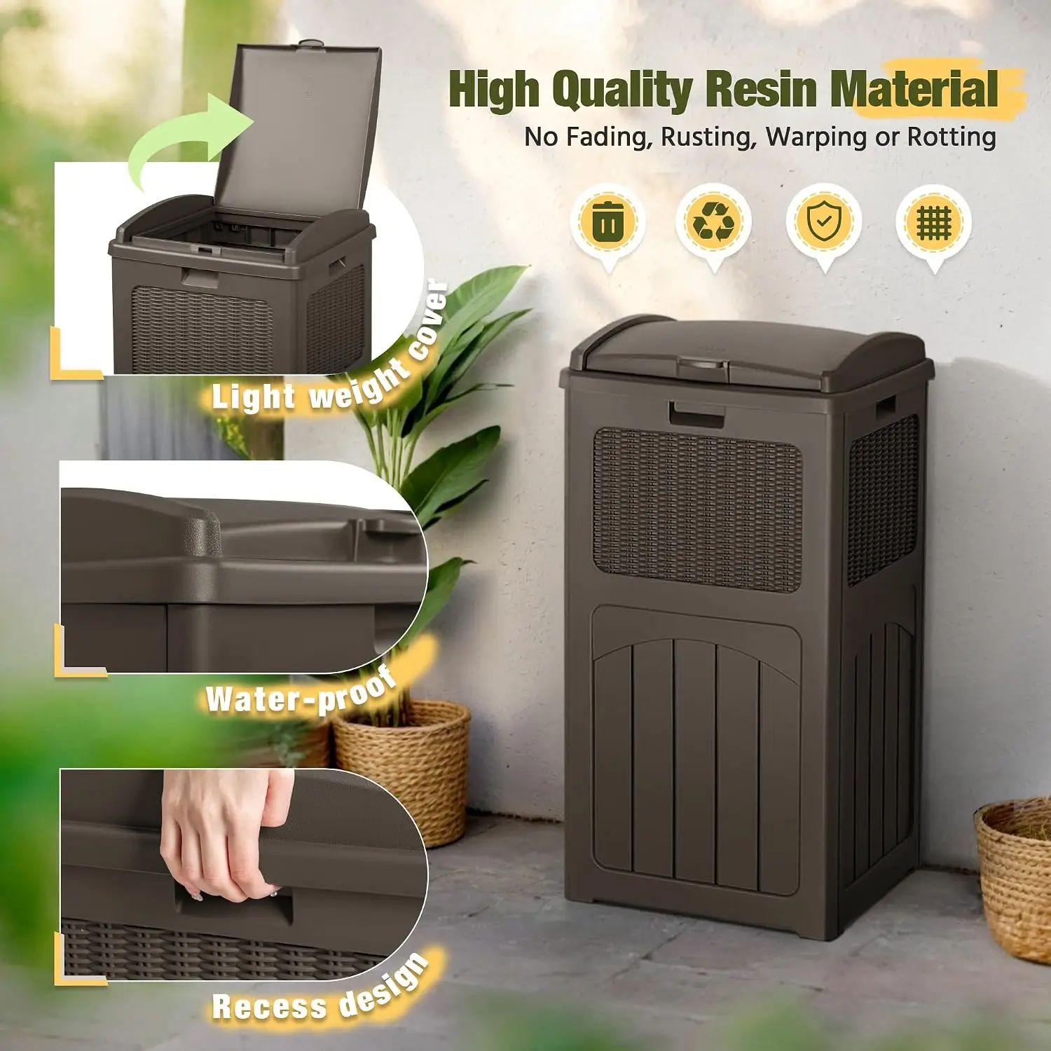 33 Gallon Outdoor Trash Can with Dual Lid Design, Weather-Resistant Recycled Resin Hideaway Garbage Bin for Patio, Pool, Backyard