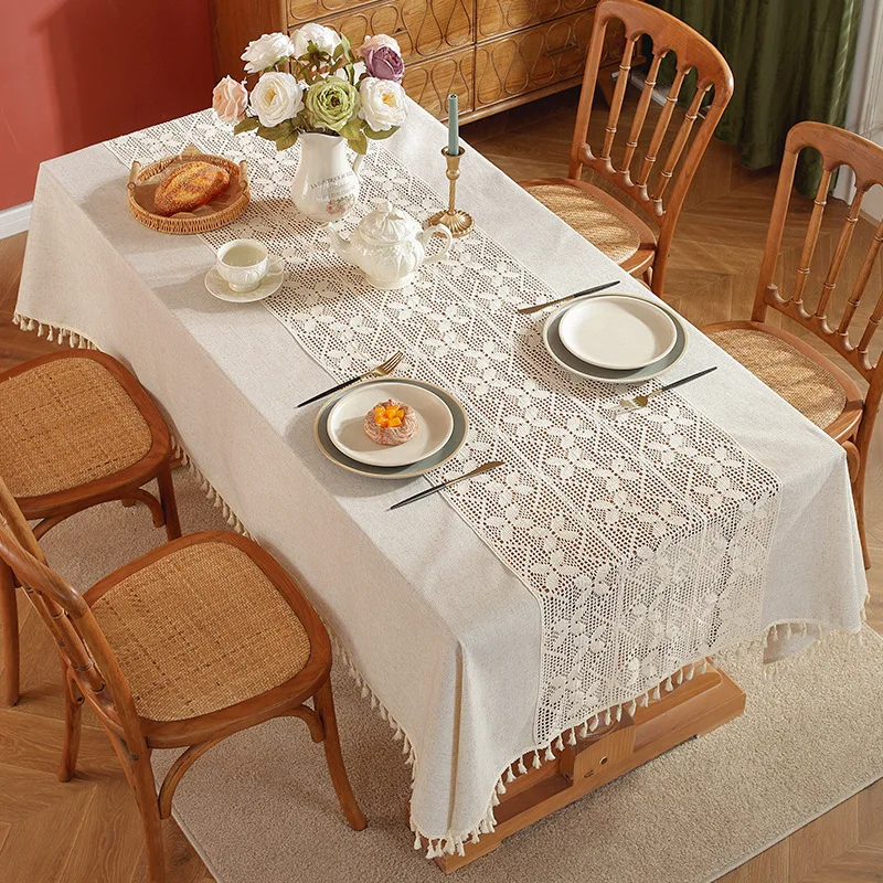 Solid Color Cotton Linen Tablecloth Light Luxury Lace Crochet Party Wedding Devor Tea Table Cloth Tassels Background Cloth Prop