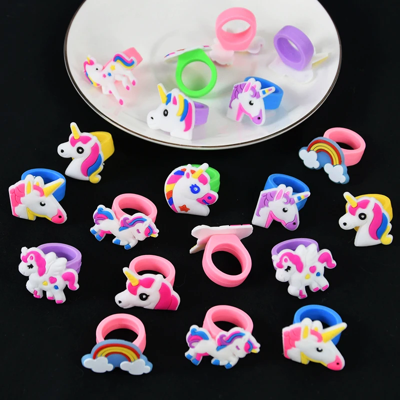 10pcs Cartoon Animal Rainbow Unicorn Ring Jewelry Girls Finger Unicorn Horse Ring For Birthday Wedding Party Decor Kids Toy Gift