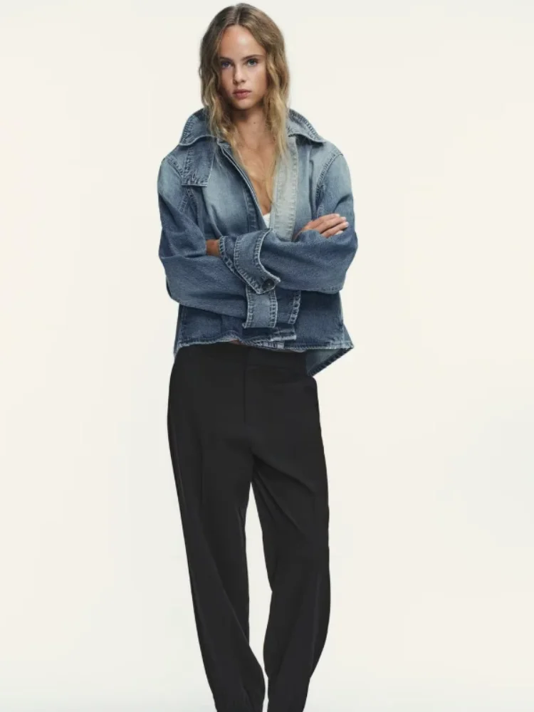 

Женская модная джинсовая куртка А-силуэта с элегантным воротником-стойкой, однобортная, с широкими рукавами, новинка 2026 года, весна-осень, для прогулок и свиданий