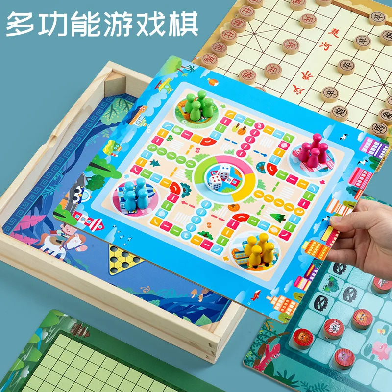 Damas infantis de madeira, xadrez voador, gamão, xadrez de besta de combate, jogo multifuncional nove em um, xadrez, estudante para