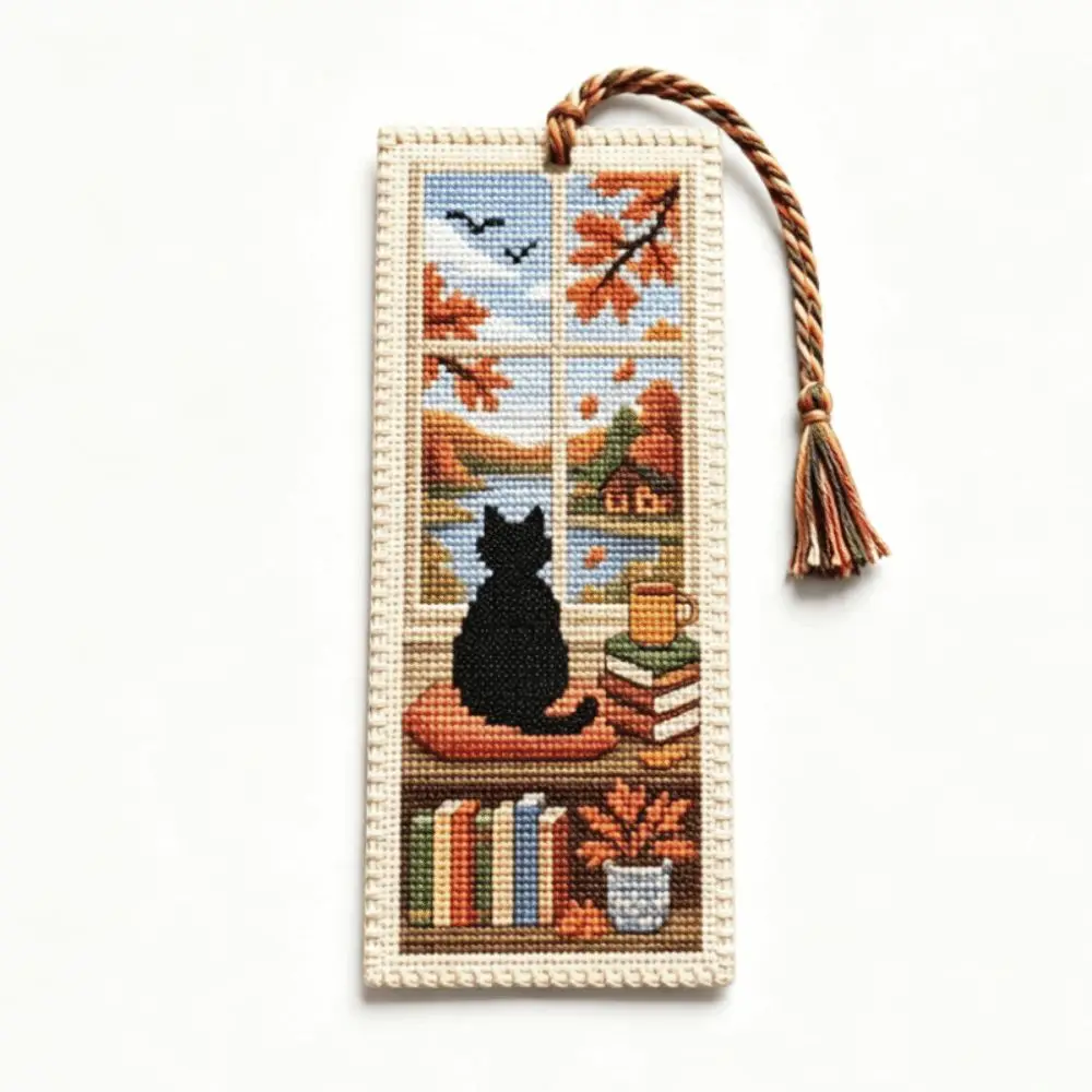 Cross Embroidery Seasonal Cat Embroidery Bookmark Braided Rope Stamped Embroidery Seasonal Cat Bookmark Material Kit Handcrafted