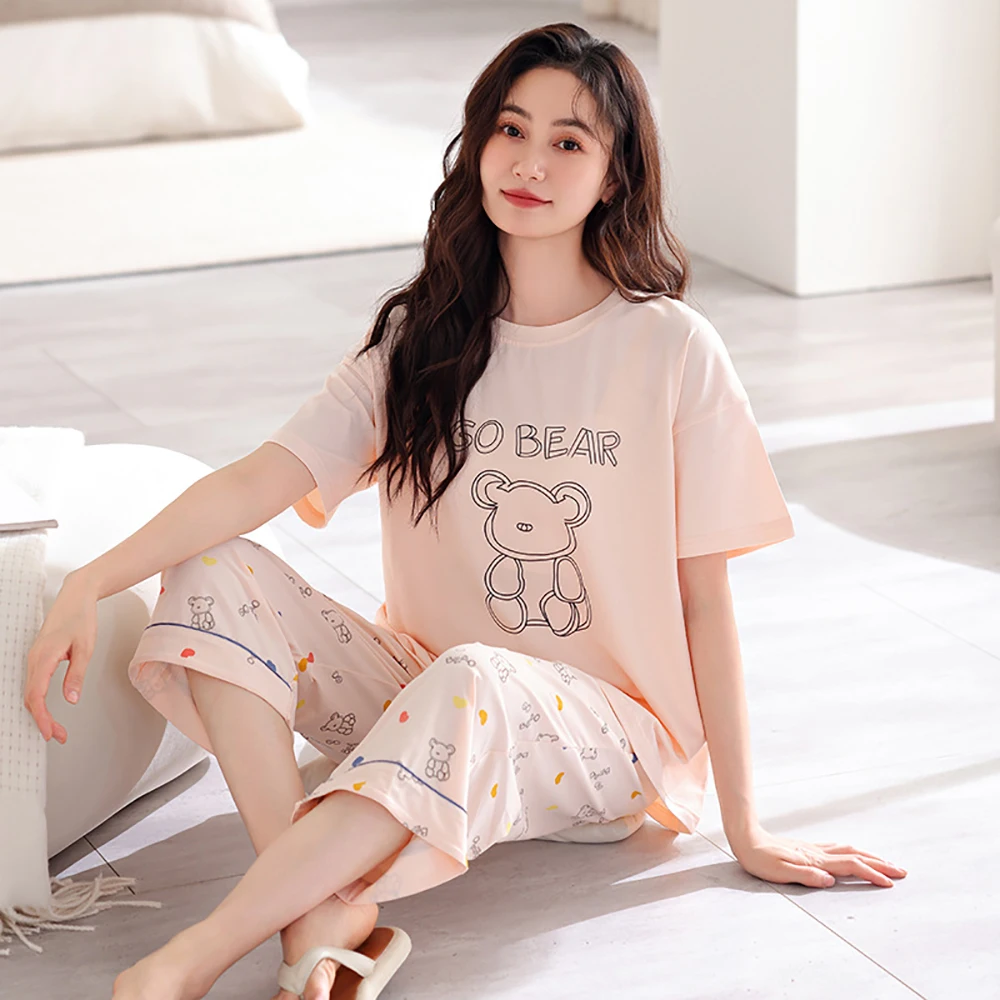 

M-3XL 100% Cotton Summer Sleepwear Sweet Cute Bear Pajama Home Wear Sweat-absorbing Breathable Korean Reviews Many Pajamas Set