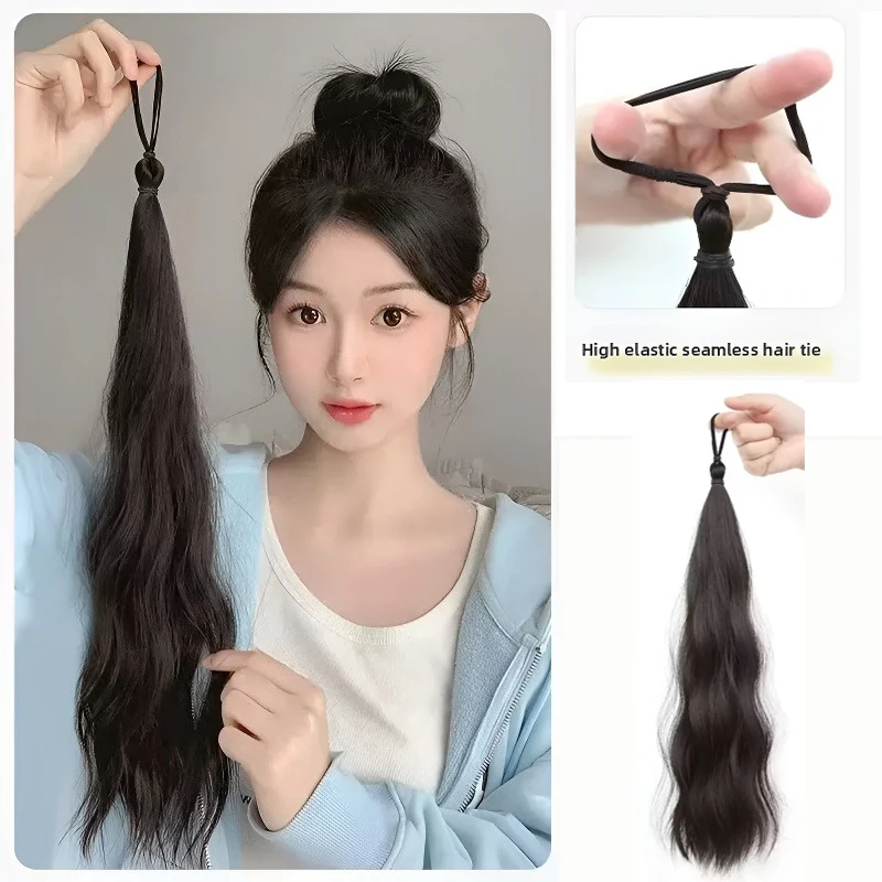 Long Wavy Synthetic Self-Winding Ponytail Hair Extensions With Elastic Rubber Band Braided Hair Bundle For Women Increase Hair
