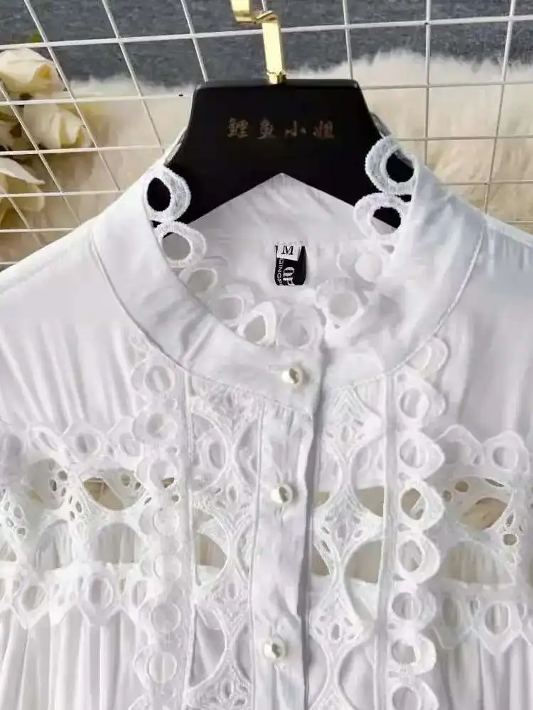 JAMERARY Elegant Summer Holiday Embroidery Dresses Shirt Women's Stand Long Lantern Sleeve Lace Up Party Loose Robe Vestidos