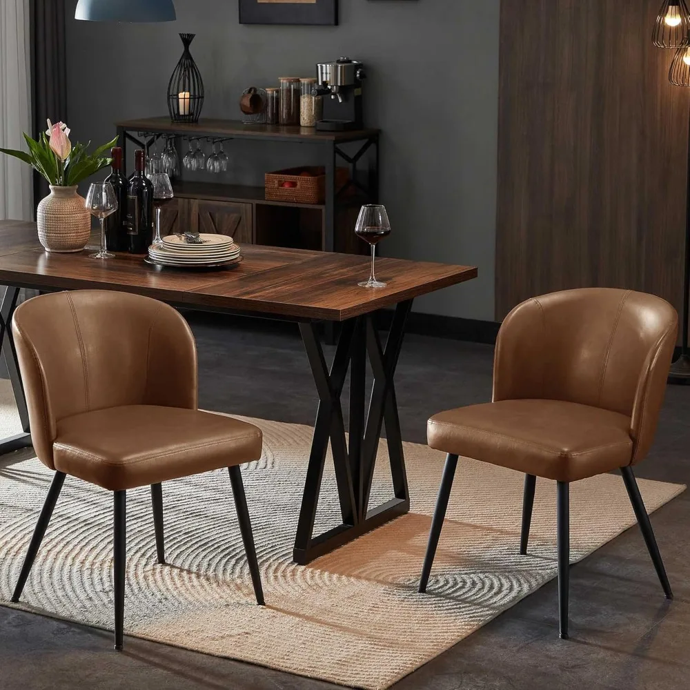 

Dining Chairs Set of 2, Upholstered Kitchen Chairs with Faux Leather Cushion Seat and Metal Legs, Mid Century Modern Chair