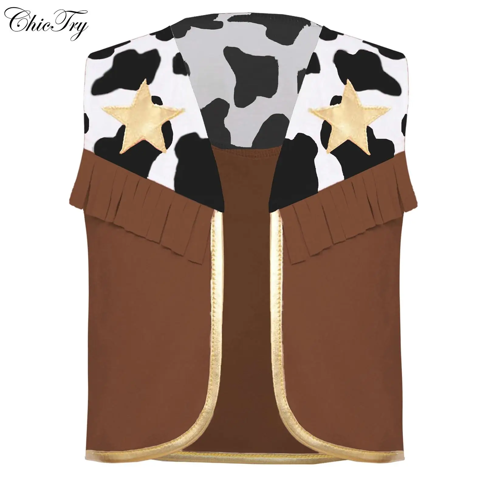 Chaleco Unisex para bebé, disfraz de vaquero occidental para niños, chaleco sin mangas con flecos y patrón de vaca, disfraz de Wrangler, vestido de Halloween