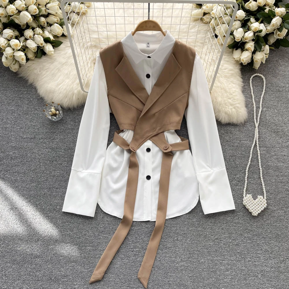 

Commuter Style Suit Women Autumn Fashion Outfits Short V-neck Waistcoat+White Long sleeved Shirt Office Ladies Two Piece Sets