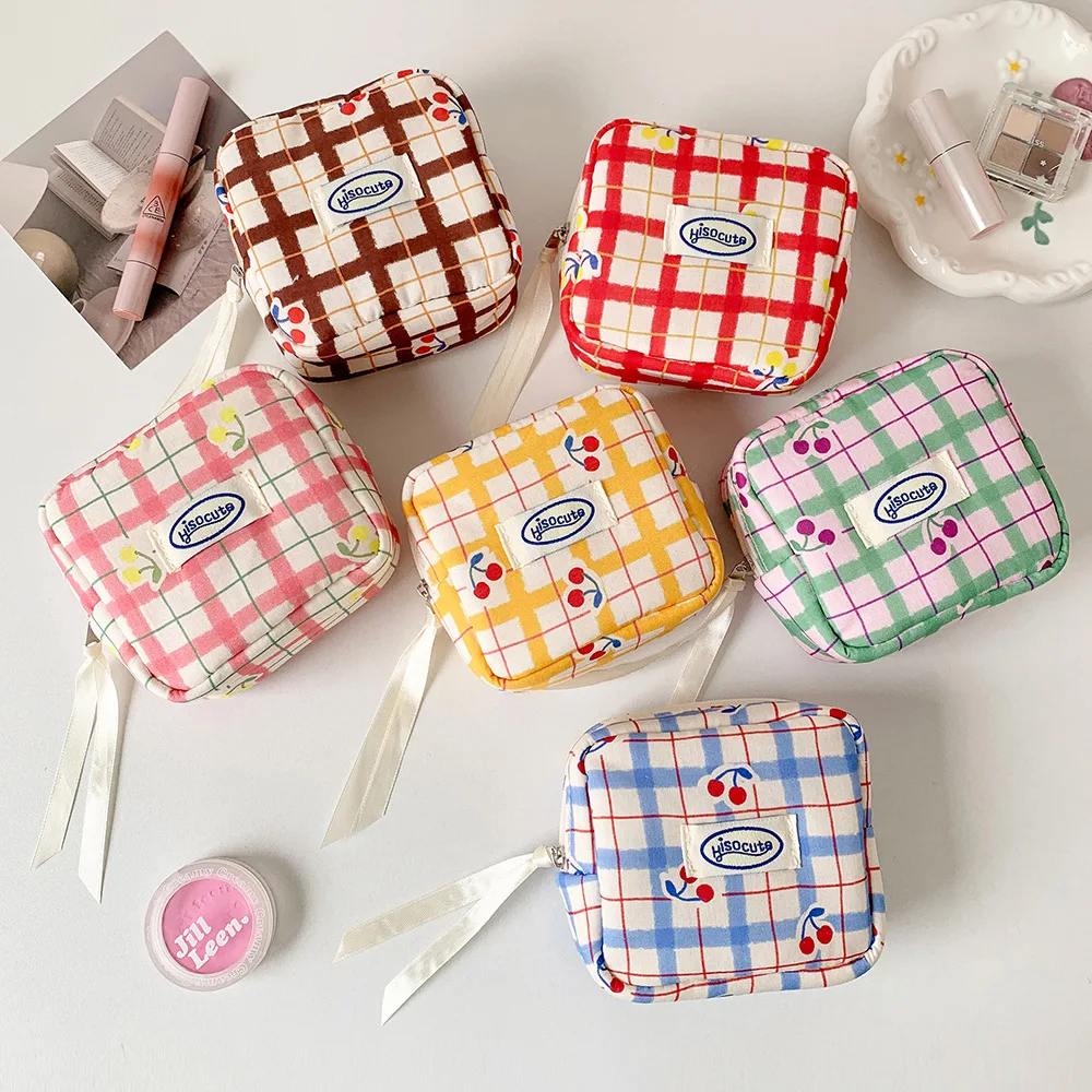 women's Makeup Bags Japanese Cherry Plaid Dopamine Sweet Kawaii Cute Cosmetic Bags Portable Multifunctional Storage Bag For Girl