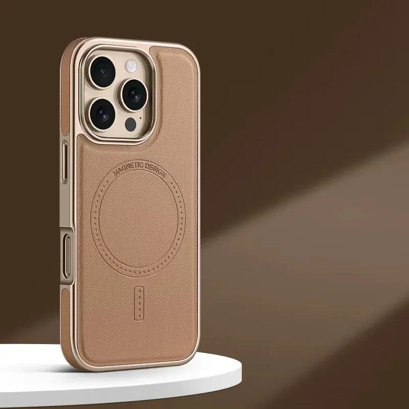 Luxuriöse Plating-Rahmen PU-Lederhülle für iPhone 13 14 15 16 17 18 Pro Max mit Magsafe Magnetischer Drahtloser Ladefunktion Stoßfeste Abdeckung – Detail 8