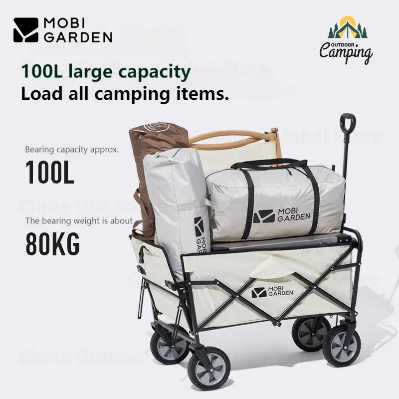 MOBI GARDEN 100L Camping Folding Wagon Cart 600D Oxford Cloth Portable 360° Steerable Wheel Trolley Outdoor Large Capacity Beach