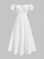 Plus Size Women's Spring/Summer French Style Strapless Waist High Cut Long Dress Pure Colour One-piece Neck Elegant Casual
