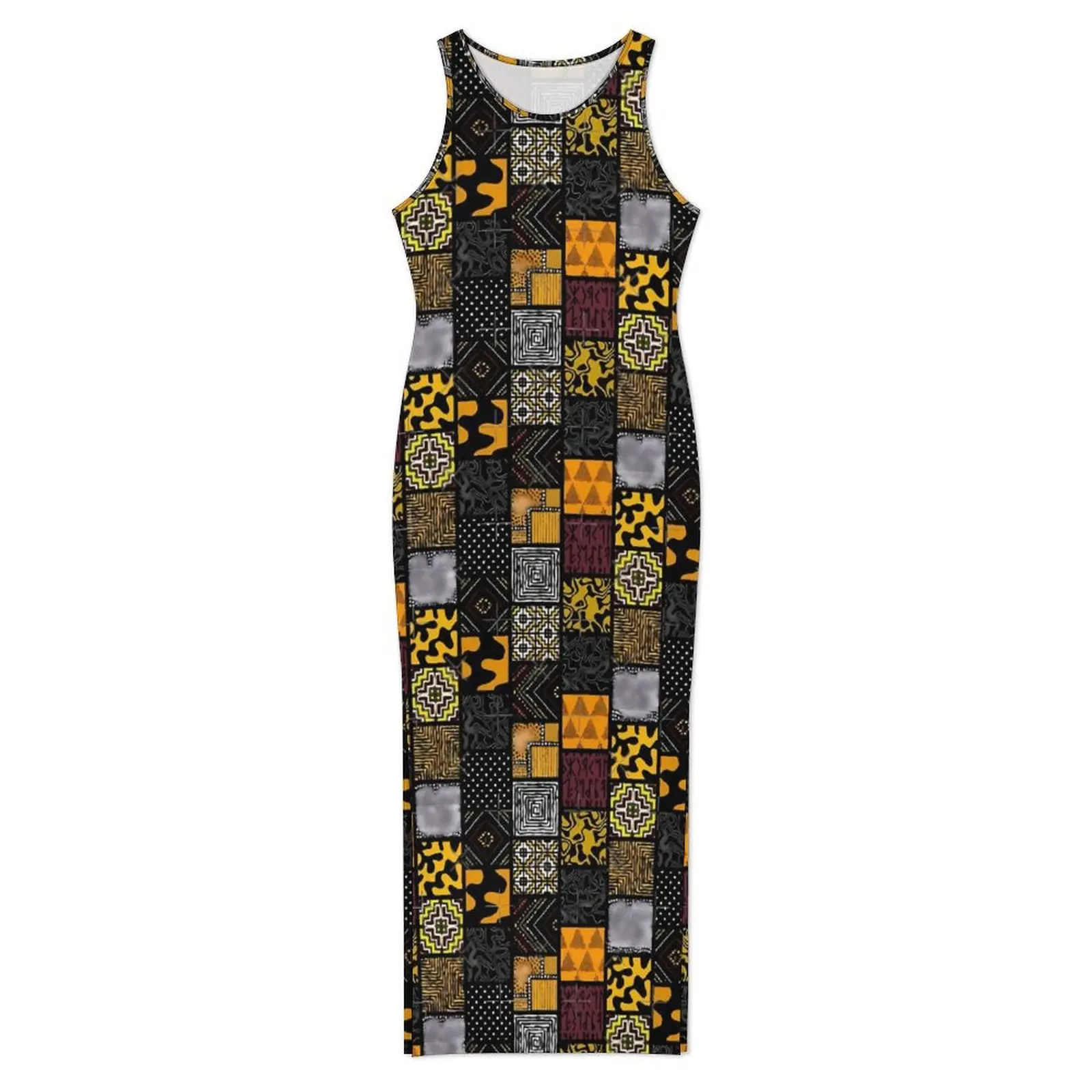 Women Afro Patchwork Print Dress Retro Plaid Streetwear Bodycon Dress Summer Sleeveless Modern Maxi Dresses Graphic Vestido