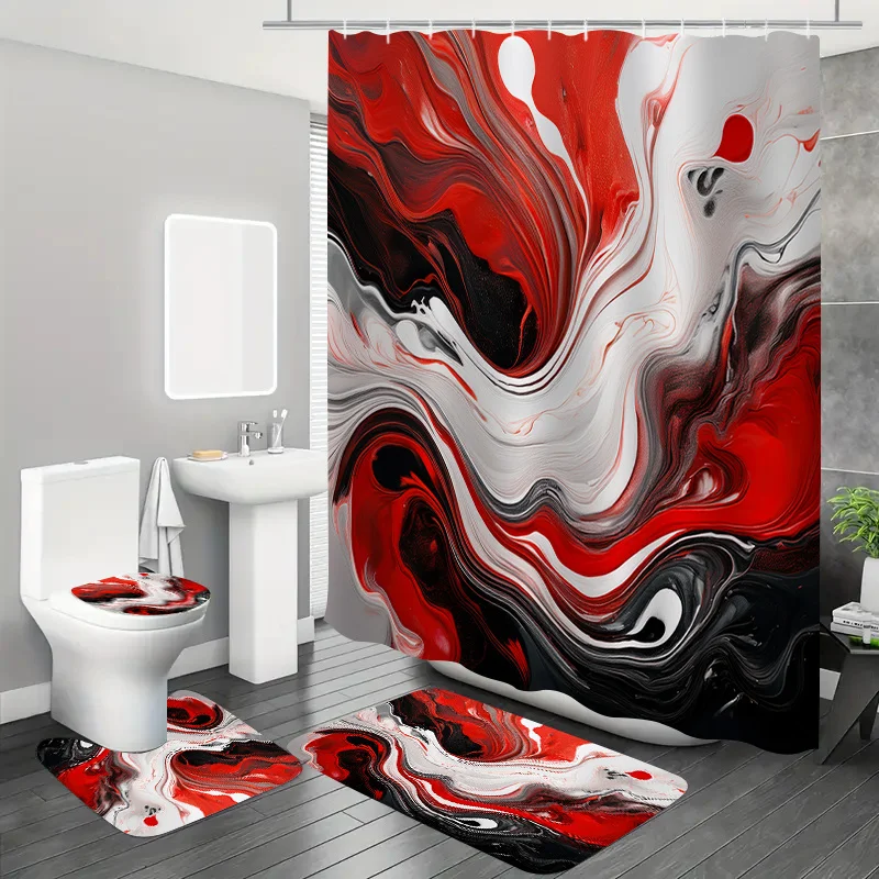 

4 шт. красный и черный художественный узор, декор для ванной комнаты, полиэфирная ткань, занавеска для душа, коврик для унитаза, нескользящий коврик, U-образный коврик