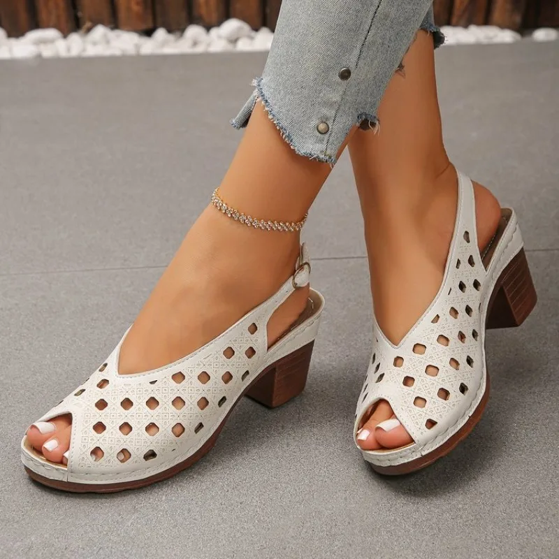 

Sandals 2026 Summer Women's Round Toe Breathable One Buckle Plus Size High Heels