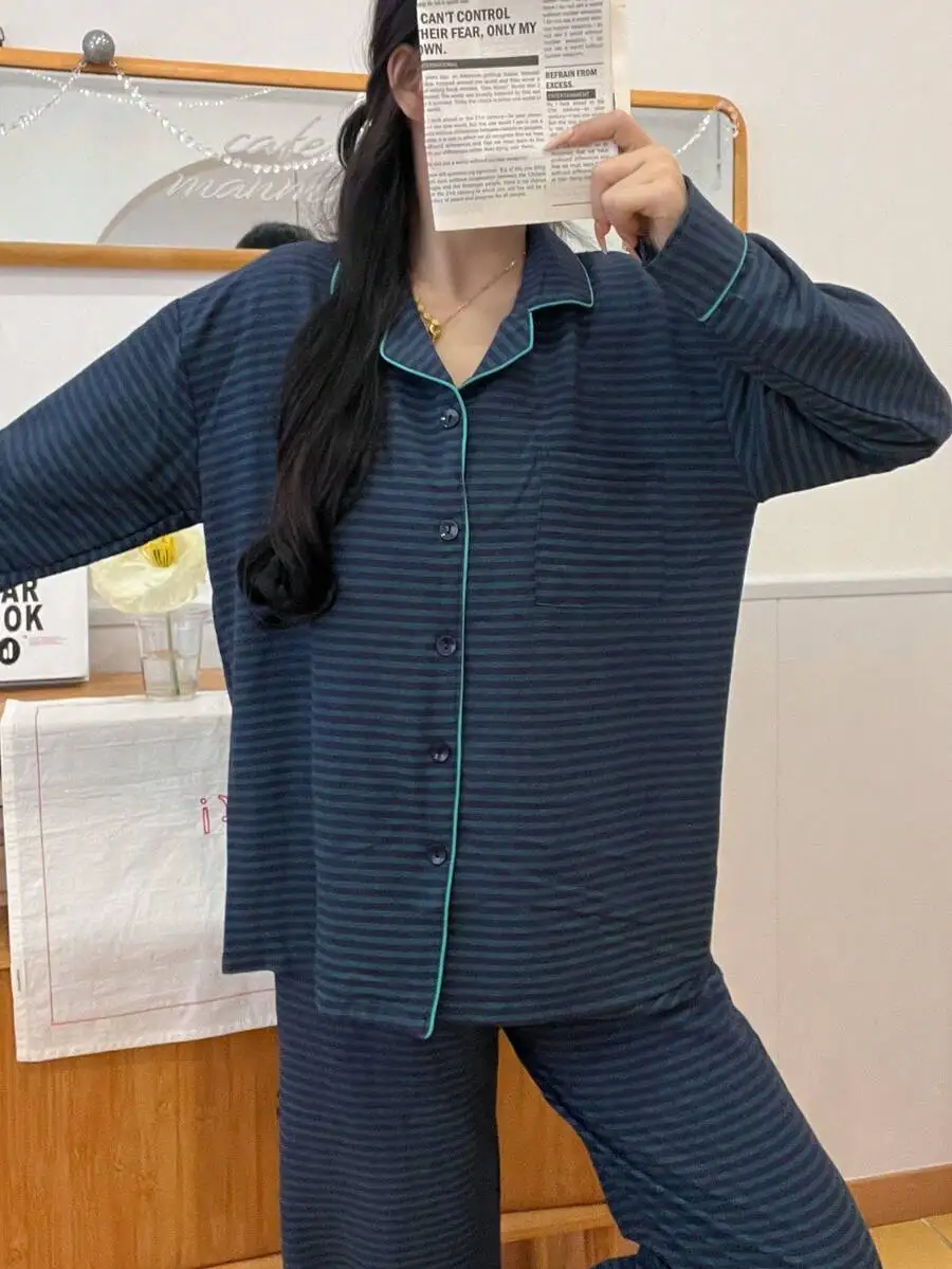 

2pcs Women Striped Pajama Set Long Sleeve Button-Up Top And Pants Comfortable Sleepwear For Spring Autumn Winter