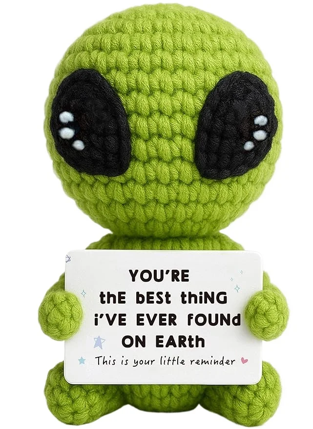 

Handmade Crochet Alien Plush Unique Romantic Gift with Love Quote for Valentine's Day & Anniversaries, Funny Desk Decor for All