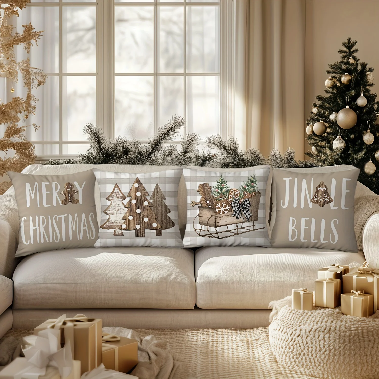 4pcs Farmhouse Christmas Pillow Covers, Wooden Tree Sleigh Print, 18x18 Inch, for Sofa Living Room Bedroom Decor