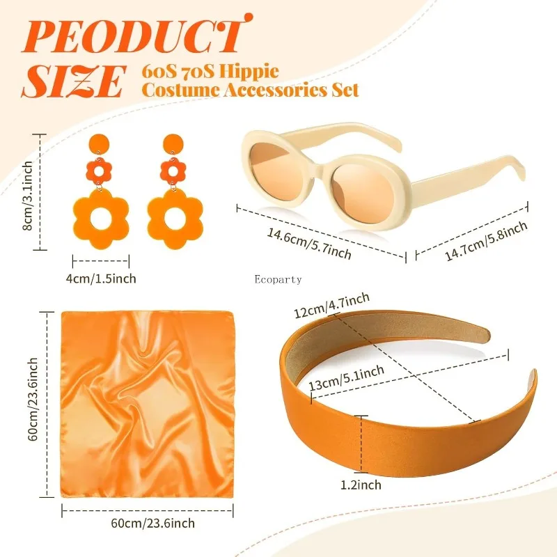 4 Pcs 70s 60s Accessories Women Hippie Disco Groovy Costume Accessories Headband Dangle Earrings Sunglasses Satin Scarf Disfraz