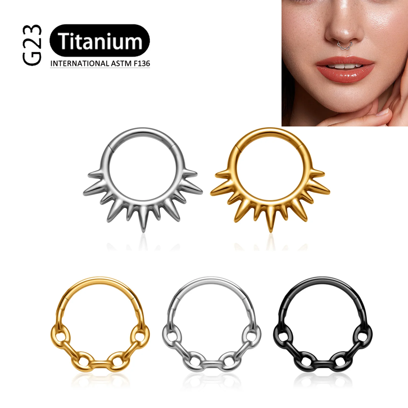 ASTM F136 G23 Titanium Sun Spike Septum Ring Hinged Segment Clicker Nose Ring Chain Earring Helix Tragus Body Piercing Jewelry