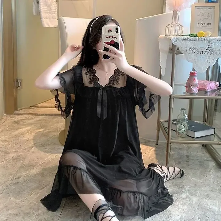 

Korean Style Cute Nightgown Women's Lace Mesh Pajamas Home Wear Lingerie Sexy New Dress Underwear Sexi Night Woman Nightdress