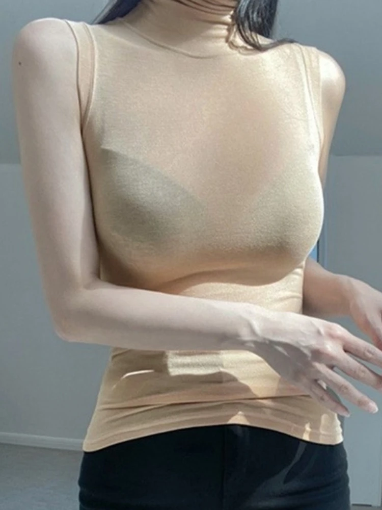  2026 Spring Summer Korean Dongdaemun Slim Fit Tops Sexy Mock Neck See-through Women T-shirts Sleeveless Basic Versatile Tees