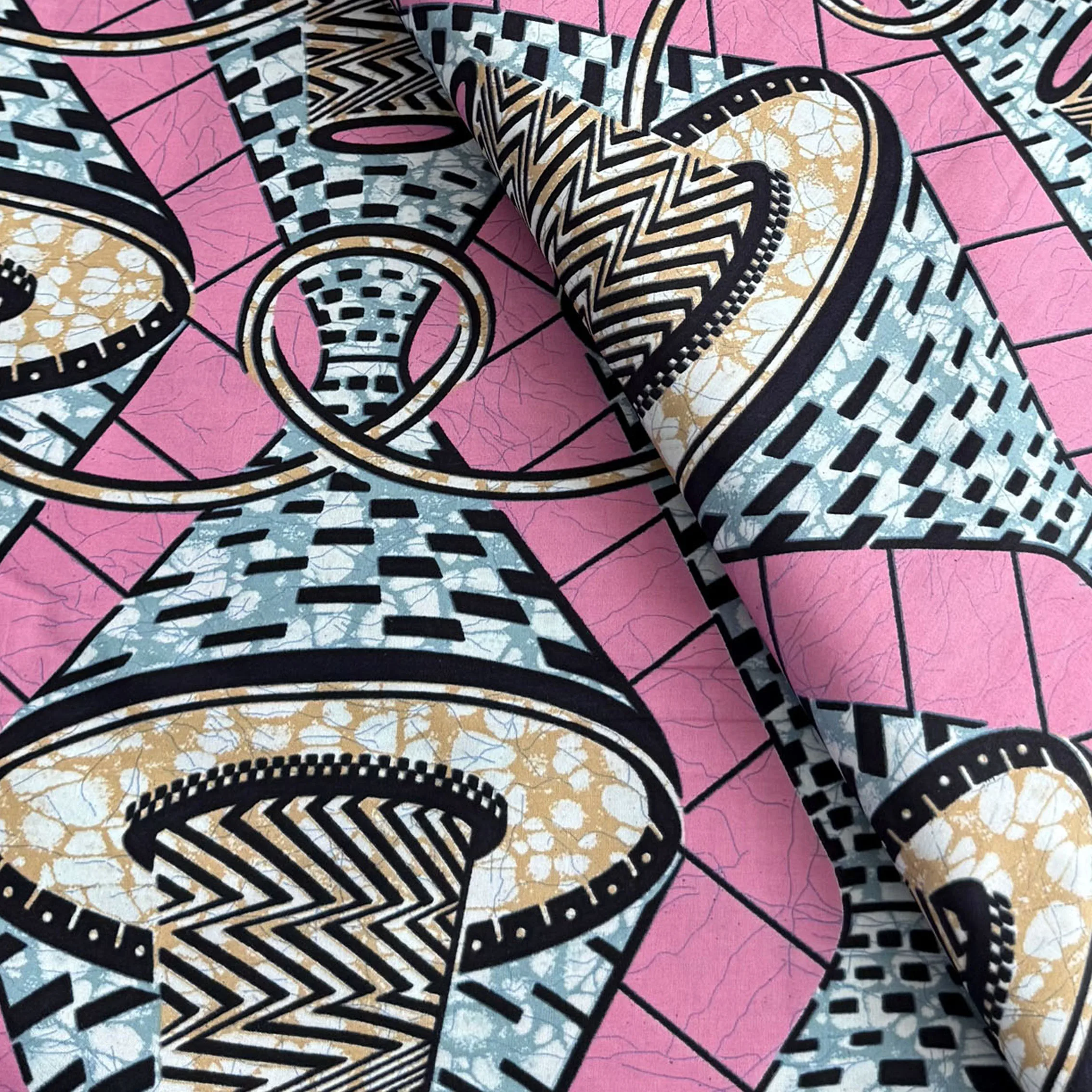 African Ankara Wax Print Fabric 6 Yards Pink Grey Gold Geometric Circle Pattern Real Wax Pagne For Women Dress Sewing Asoebi