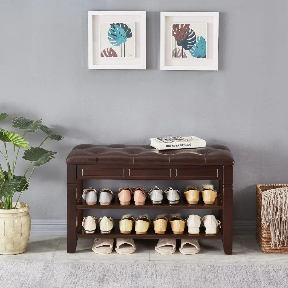 رف أحذية لمدخل المقعد من الألياف مع منظم علوي من طبقتين لتخزين الأحذية الخشبية للممر والمدخل