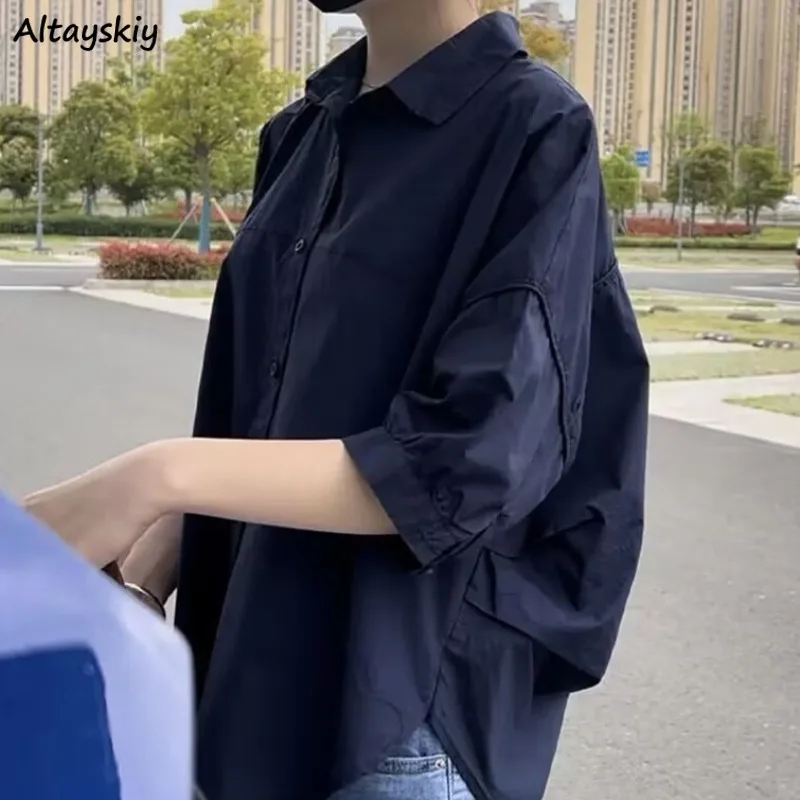 قمصان قصيرة الأكمام للنساء تصميم فضفاض متين للفتيات الجامعيات الصغيرات الصيف بدوره إلى أسفل طوق جديد عصري الكورية نمط صالح عادية #3