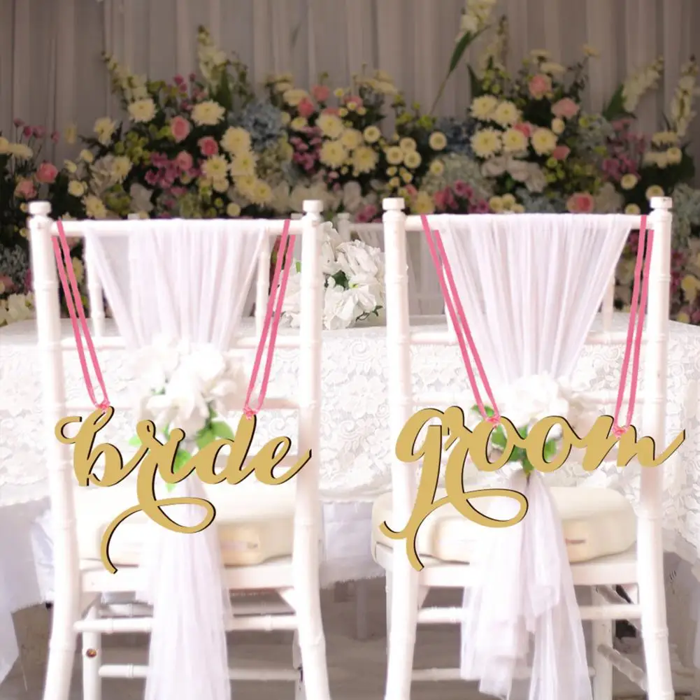 Wedding Chair Back Signs European Style Rustic Wooden Hollow Out with Ribbon Decorative Gift Bride Groom Chair Hanging Signs