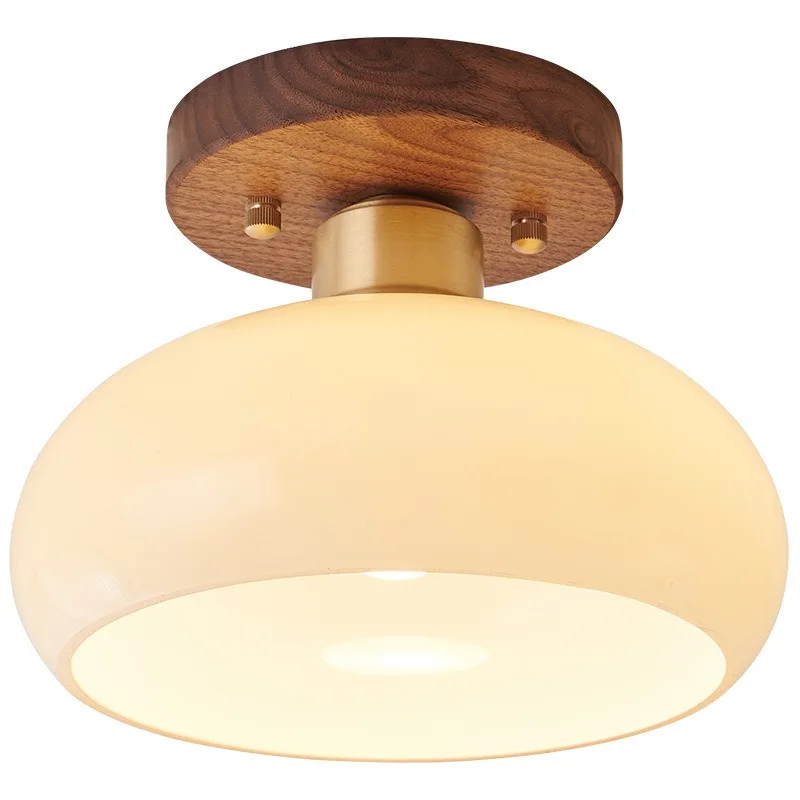 Mid-Century Wabi-Sabi Flush Mount Ceiling Light, Solid Wood Glass Bulb Included Lamp for Entryway Bedroom