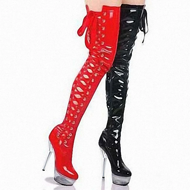 Sexy Patent leather Riband Hollow Over the knee Boots 15CM High heeled shoes Red Crystal Thin heels Nightclub Pole Dance 6inches