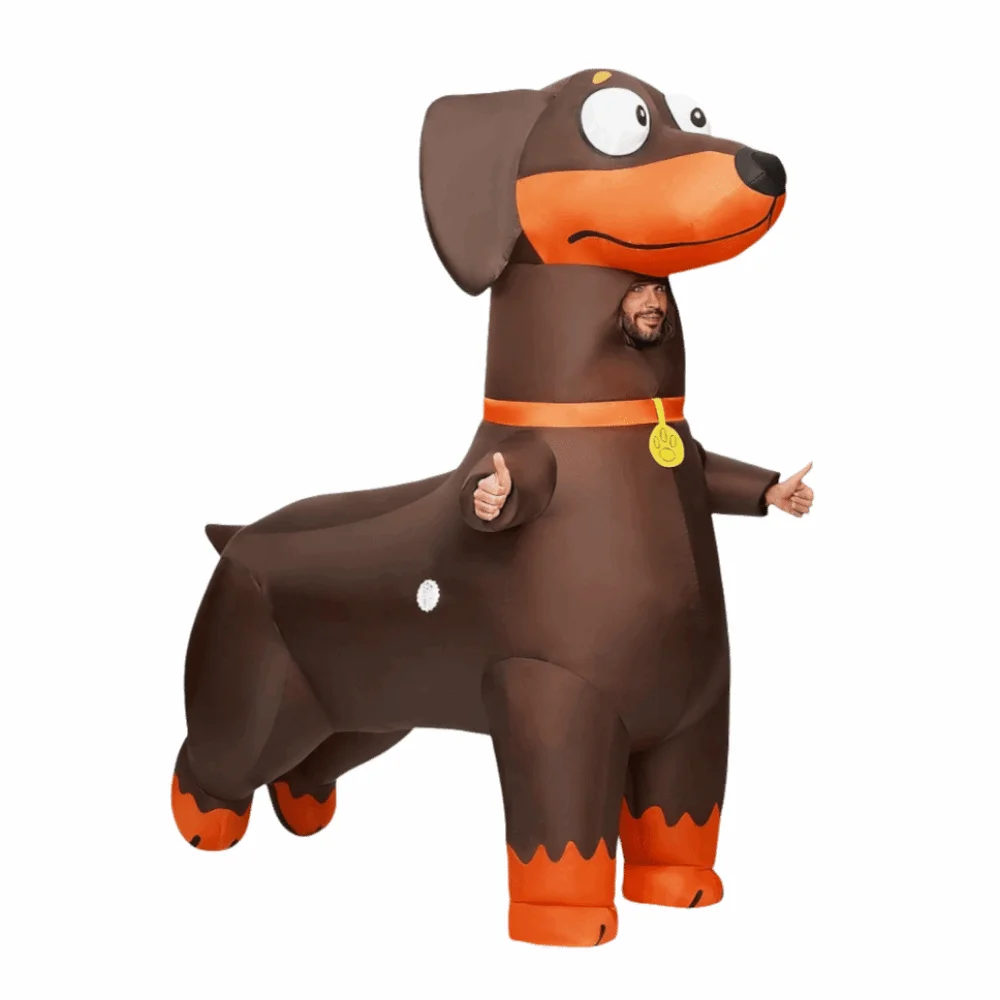 

Cartoon Inflatable Sausage Dog Costume Full Body Jumpsuit Waterproof Cosplay Sausage Dog Costume Detachable Fan Lightweight