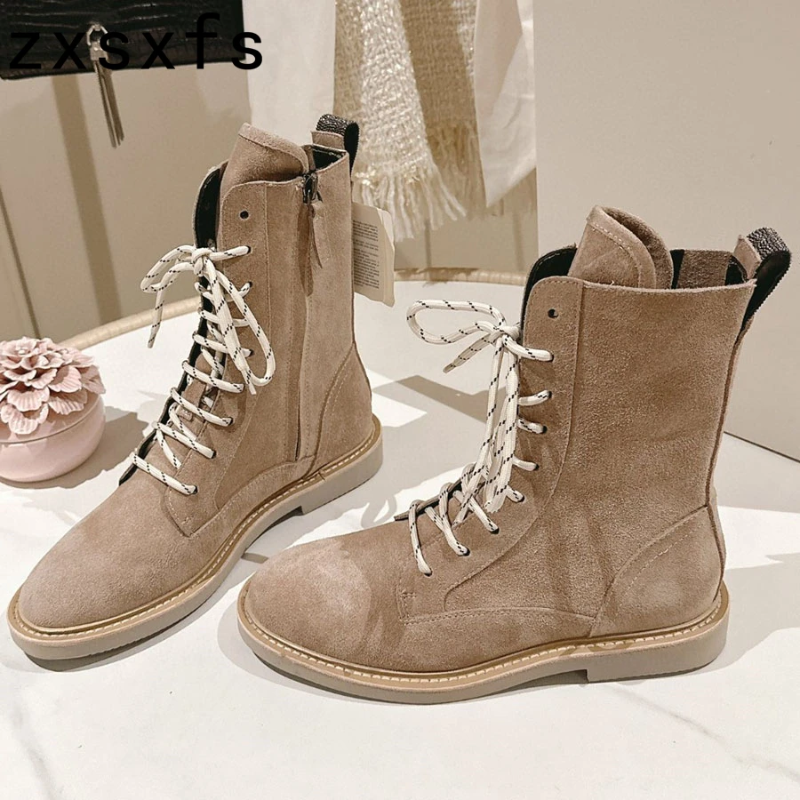 

Suede Leather Lace Up Chelsea Boots Square Heel Mid Calf Short Boots For Women Shoes Autumn Flat Knight Boots Women 2024