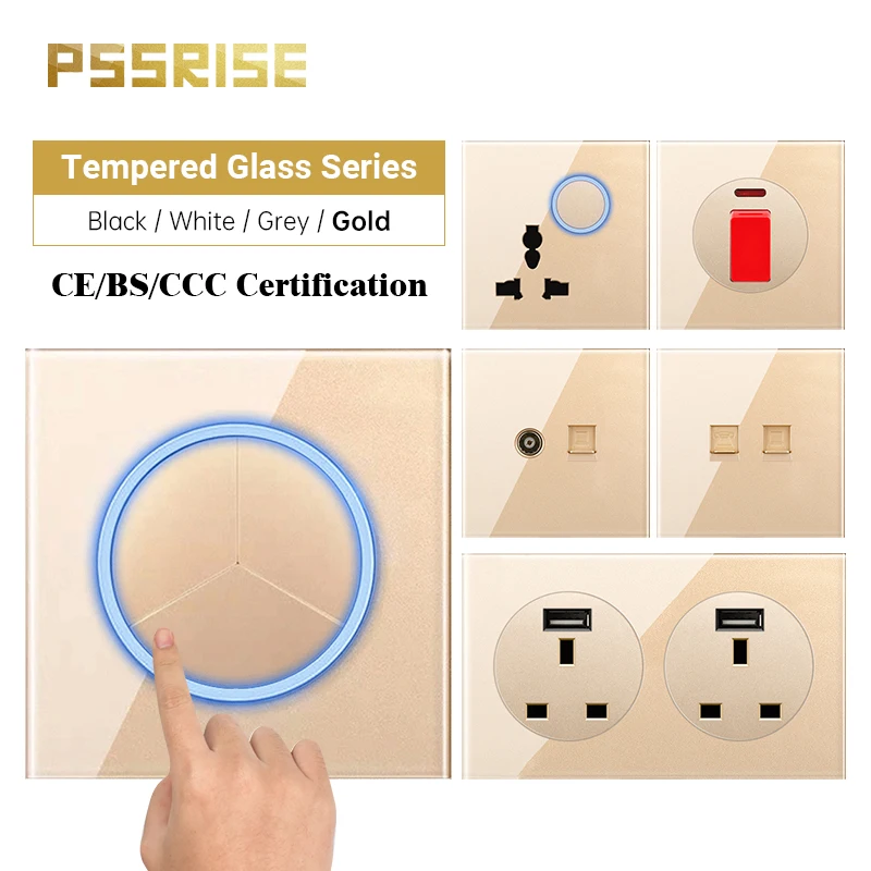 

PSSRISE Home Socket EU UK Wall Switch Socket 2.1A USB Charging Power Socket Full Tempered Glass Panel Lighting Switch LED