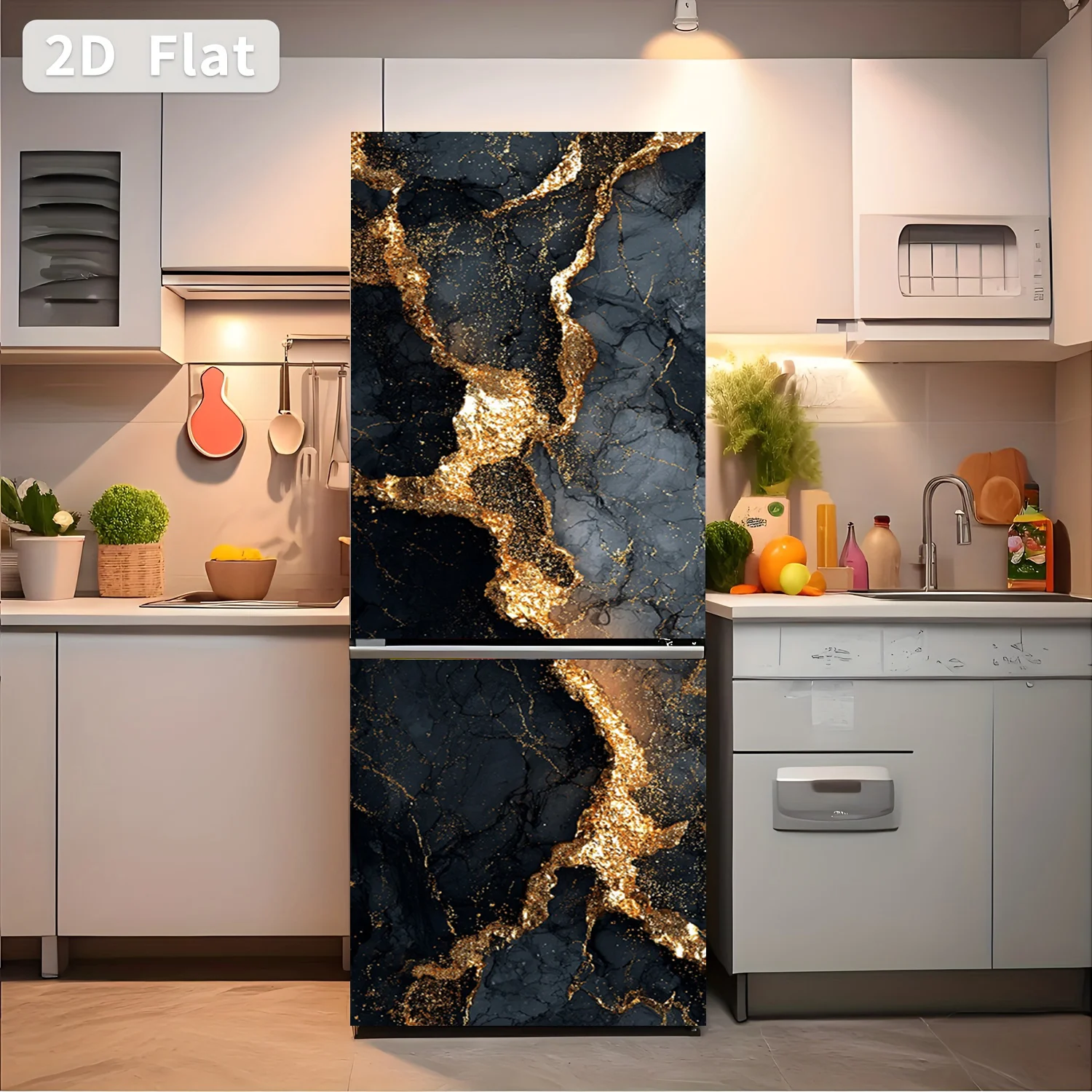 of Refrigerator Sticker,, Featuring a Black And Golden Marble Pattern Design. Self-Adhesive Wall Decoration Suitable for Cabin
